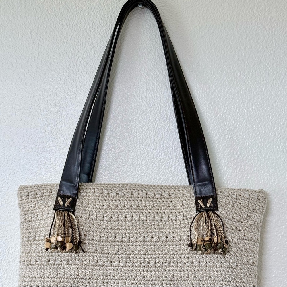 The Sak Vintage Crochet Boho Tote Bag - Cream Nylon String With Beaded Tassels - Picture 3 of 16